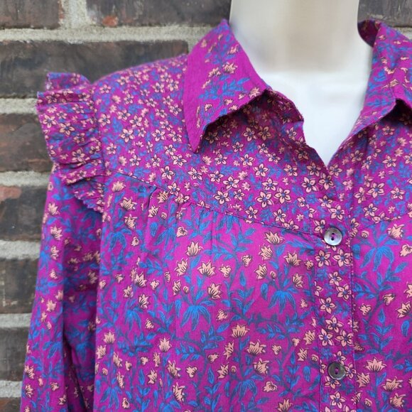 Roller Rabbit Size M Magenta Pink Blue Ruffled Sleeve Shirt Dress Augusta Darya - Picture 5 of 6